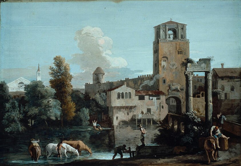 A Capriccio with Horses Watering in a River Outside a Walled Town by Marco Ricci,23x16"( A2 size ) Poster Print