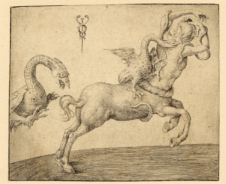 A centaur pursued by flying dragons, one fastened on his back, the other pursuing him, vintage artwork by Jacopo de' Barbari, A3 (16x12") Poster Print