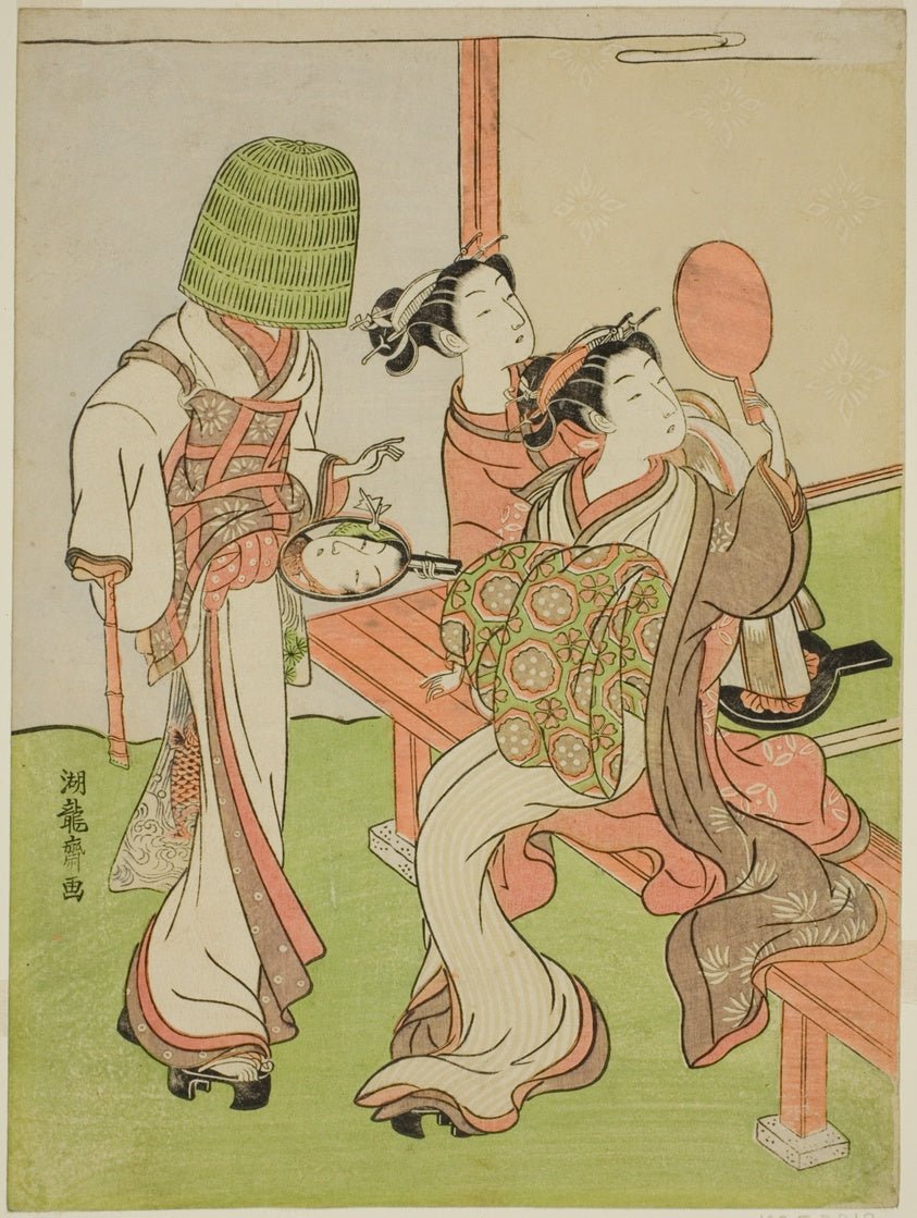 A Courtesan and Her Attendant Using Mirrors to Identify a Mendicant Monk by Isoda Koryusai, 23x16"( A2 size) Poster Print