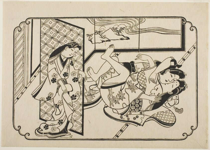 A Courtesan with Her Client, the first sheet of an untitled erotic picture album by Hishikawa Moronobu, 23x16"( A2 size) Poster Print