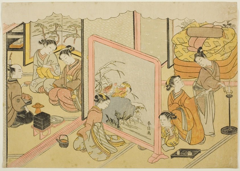 A Cup of Sake before Bed (Toko sakazuki), the sixth sheet of the series "Marriage in Brocade Prints, the Carriage of the Virtuous Woman (Konrei nishiki misao-guruma)" by Suzuki Harunobu ?? ?? , 23x16"( A2 size) Poster Print