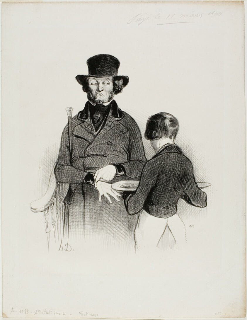 A Dinner at Very's. “So what! I am having dinner by myself today... alright! But my wife gave me one Louis d'or and I still have... 60 centimes left,” plate 11 from Les Beaux Jours De La Vie by Honore Victorin Daumier, 23x16"( A2 size ) Poster Print