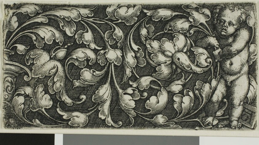 A Double Scroll of Leaf Ornament with a Putto Standing at the Right by Heinrich Aldegrever, 23x16"( A2 size) Poster Print