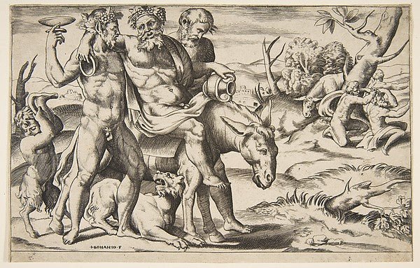A drunken Silenus riding an ass being supported by satyrs 1531, vintage art, A3 (16x12") Poster Print