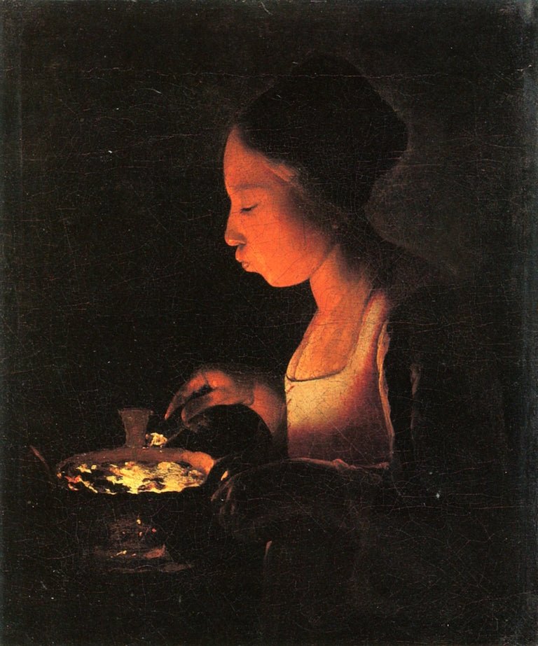 A Girl Blowing on a Brazier, vintage artwork by Georges de La Tour, 12x8" (A4) Poster