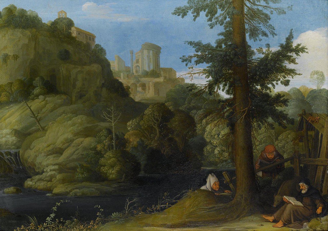 A hermit with two travellers in a wooded landscape, vintage artwork by Johann König, 12x8" (A4) Poster