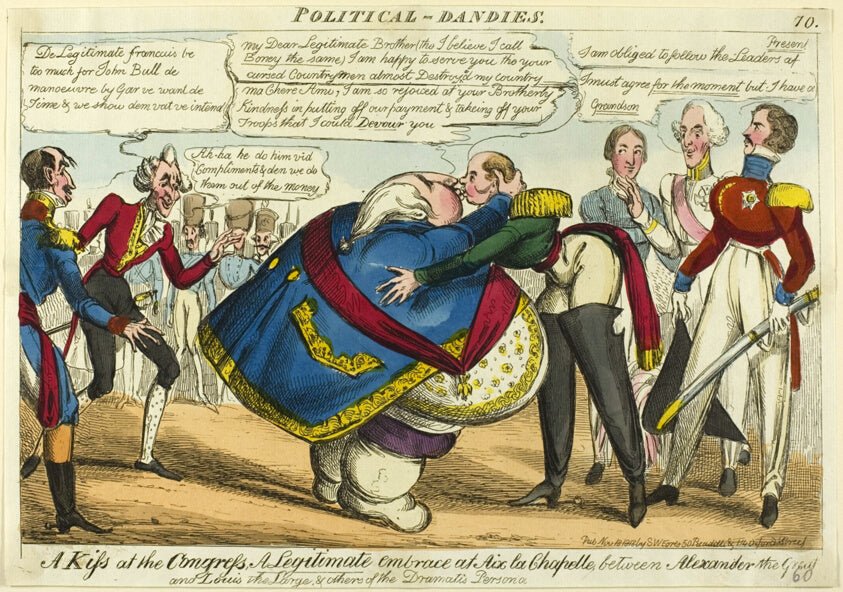 A Kiss at the Congress by William Heath (English, 1795-1840), 23x16"( A2 size) Poster Print