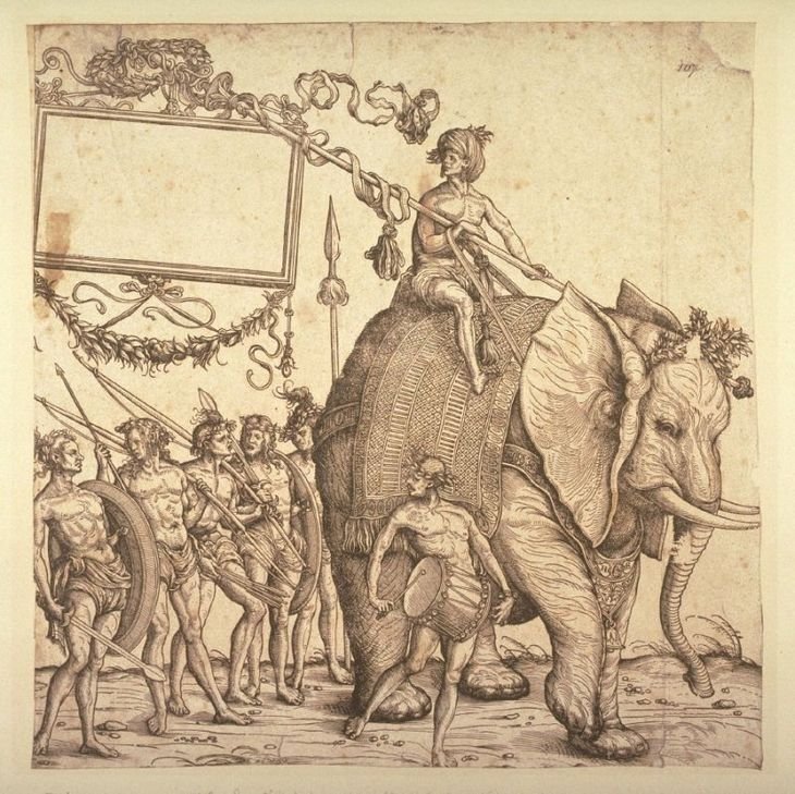 A man of Calicut, riding on an elephant, followed by five other men of Calicut, vintage artwork by Hans Burgkmair, A3 (16x12") Poster Print