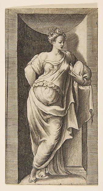 A muse standing in a niche left arm resting in a ledge c1531–, vintage art, A3 (16x12") Poster Print