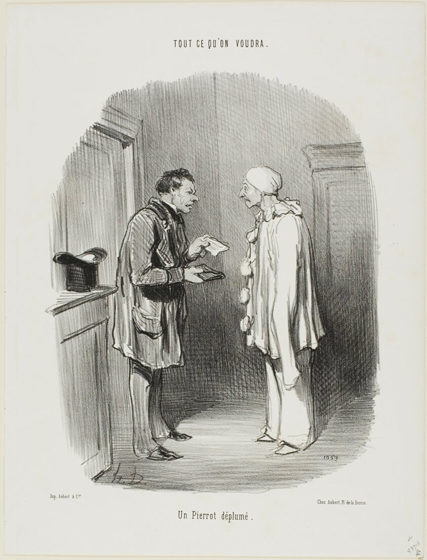 A Plucked Pierrot, plate 9 from Tout Ce Qu'on Voudra by Honore Victorin Daumier, 23x16"( A2 size) Poster Print