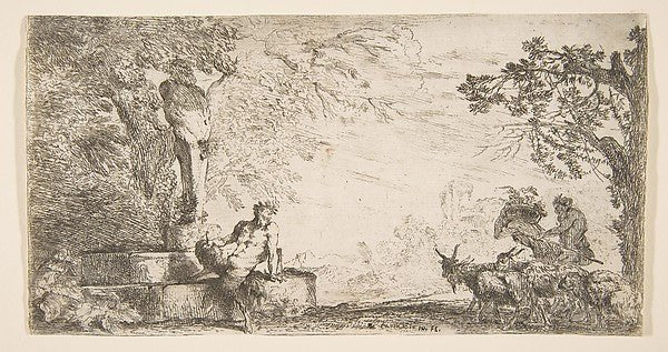 A satyr reclining at the foot of a staute of Priapus goats at, vintage art, A3 (16x12") Poster Print