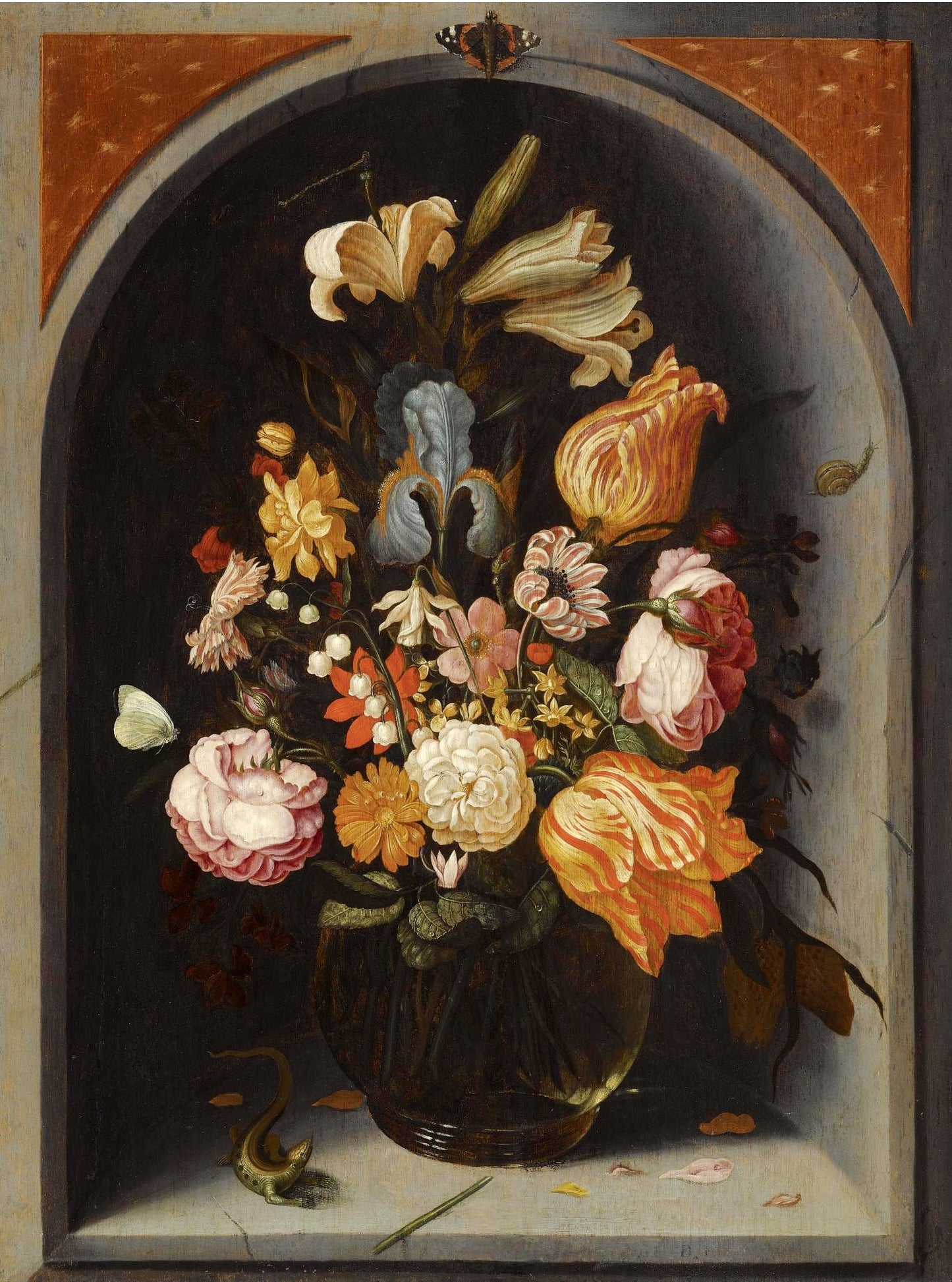A Still Life of Tulips, Lillies, Moss Roses, an Iris and Other Flowers, vintage artwork by Jean-Baptiste Fornenburgh, 12x8" (A4) Poster