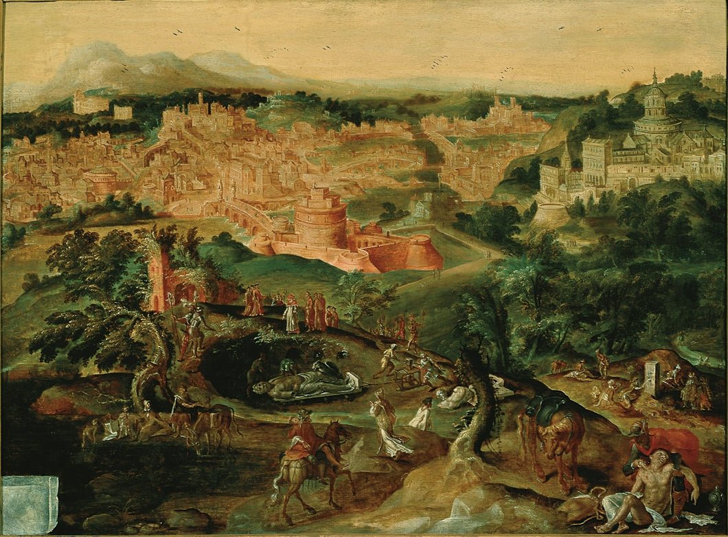 A View of rome with the Good Samaritan, vintage artwork by Maerten van Heemskerck, A3 (16x12") Poster Print