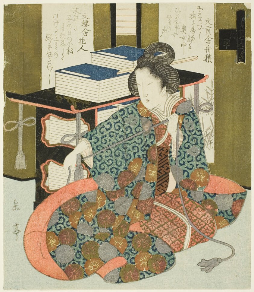 A Woman Pulling the Cord of a Wheeled Book Case, from the series "A Set of Seven for the Katsushika Club" by Yashima Gakutei, 23x16"( A2 size) Poster Print