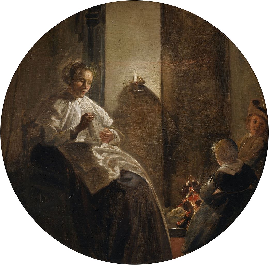 A Woman Sewing by Candlelight, vintage artwork by Dirck Hals, 12x8" (A4) Poster