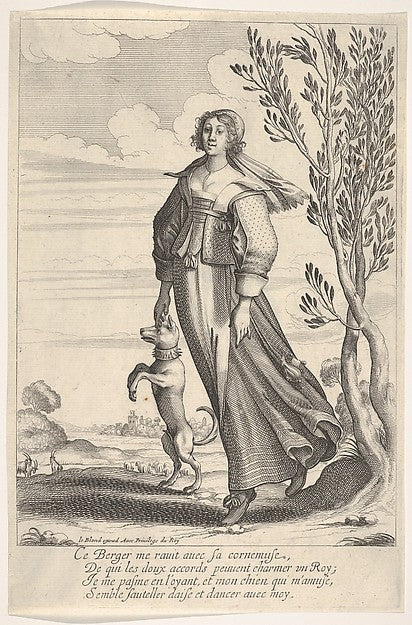 Abraham Bosse:A shepherdess accompanied by her dog dancing to the sound of a musette c1640, vintage artwork, 16x12"(A3) Poster Print