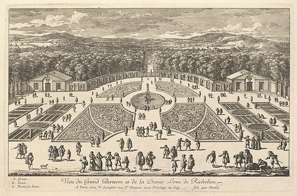 Adam Perelle:Veüe du Grand Parterre et de la Demie Lune de Richelieu 17th century, vintage artwork, 16x12"(A3) Poster Print