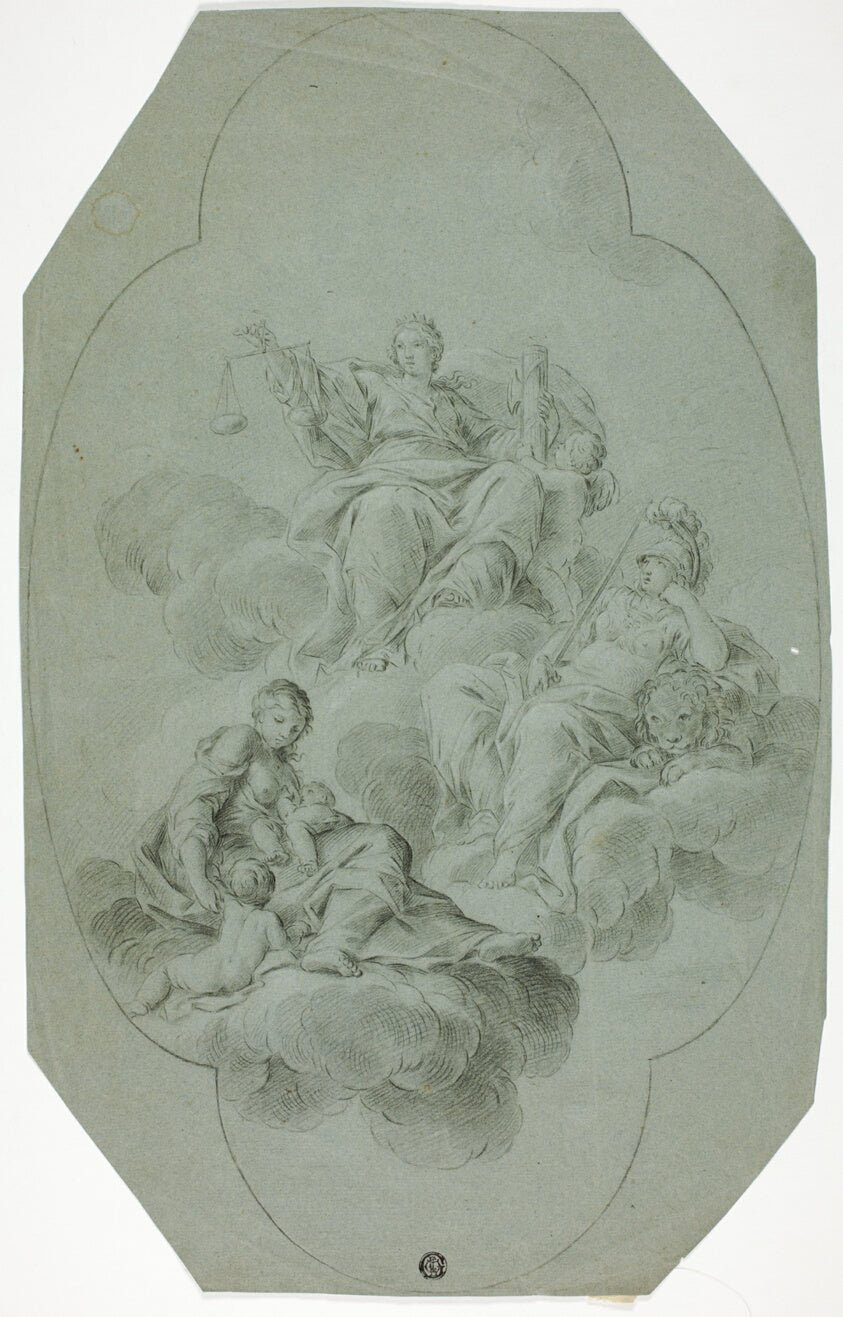 Allegorical Ceiling Decoration with Justice, Charity, and Fortitude by Follower of Stefano Pozzi, 23x16"( A2 size) Poster Print