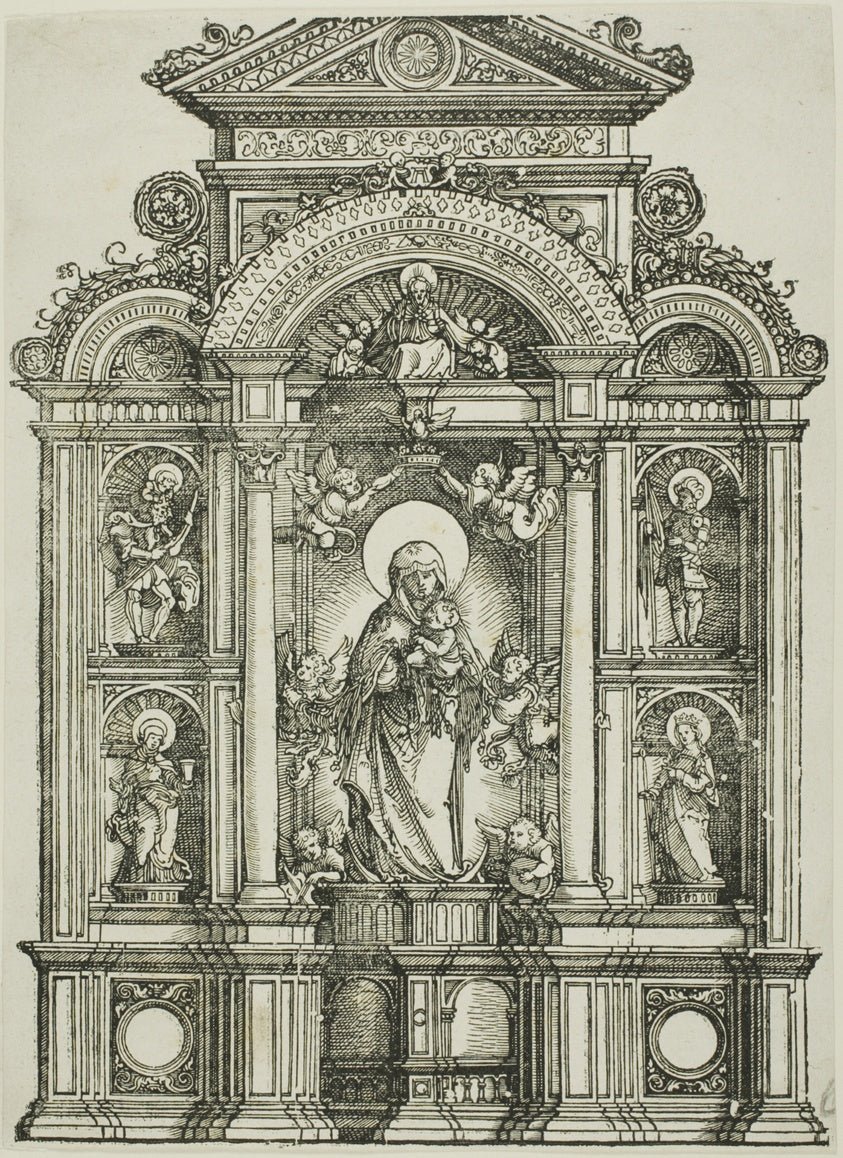 Altarpiece with the Beautiful Virgin of Regensburg and Saints Christopher, Mary Magdalen, Florian and Catherine Standing in Niches, with God the Father Above by Albrecht Altdorfer, 23x16"( A2 size) Poster Print