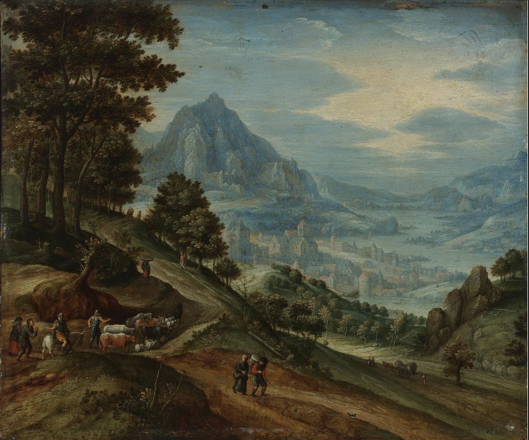 An extensive landscape with a wood, distant mountains and a town on a river valley, vintage artwork by Marten Ryckaert, 12x8" (A4) Poster
