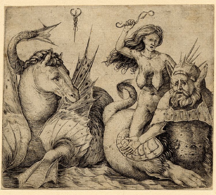 An naked old woman riding on a triton., vintage artwork by Jacopo de' Barbari, A3 (16x12") Poster Print