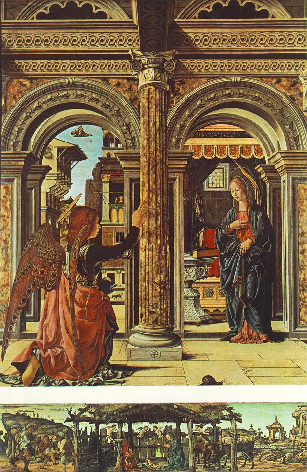 Annunciation and Nativity (Altarpiece of Observation), vintage artwork by Francesco del Cossa, A3 (16x12") Poster Print
