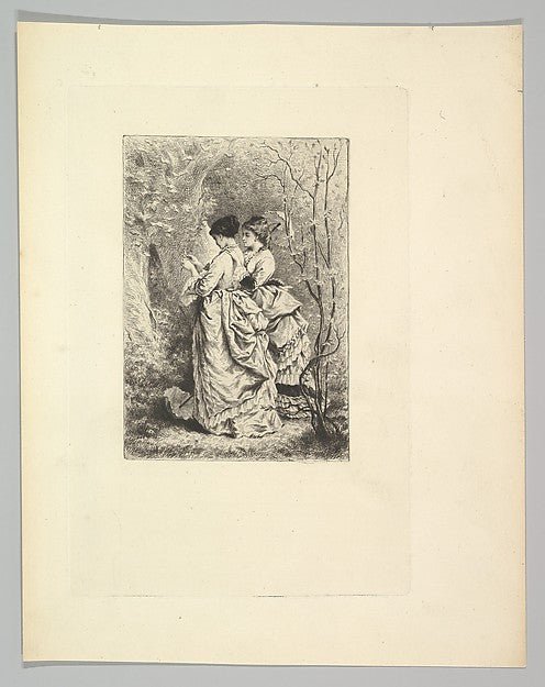 Anonymous, French, 19th century:Two Young Ladies in a Garden 1873–74, vintage artwork, 16x12"(A3) Poster Print