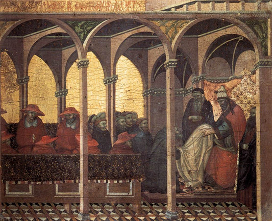 Approval of the New Carmelite Order by  Pope Honorius IV (predella panel), vintage artwork by Pietro Lorenzetti, 12x8" (A4) Poster