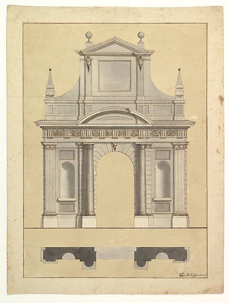 Attributed to Giovanni Battista Galliani:Plan and Elevation-16x12"(A3) Poster