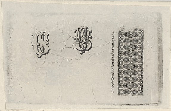 Banknote motifs: band of lathe work ornament and two monograms, vintage art, A3 (16x12") Poster Print