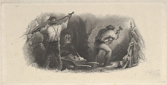 Banknote vignette showing two men working in a mine c1824–37-A, vintage art, A3 (16x12") Poster Print