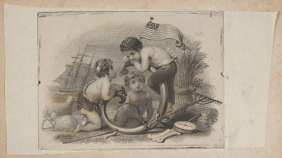 Banknote vignette with three putti as a shepherd a farmer an, vintage art, A3 (16x12") Poster Print
