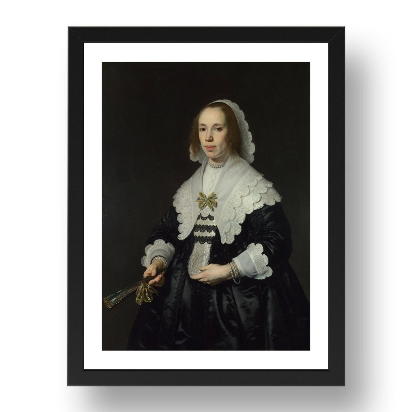 Bartholomeus van der Helst: Portrait of a Lady in Black Satin with a Fan, Poster in 17x13"(A3) Frame