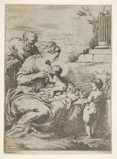 Bartolomeo Biscaino:The Holy Family with the infant St John the Baptist at right 1650–57, vintage artwork, 16x12"(A3) Poster Print