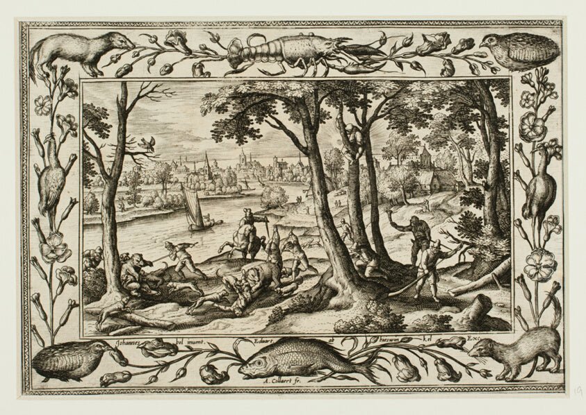 Bear Hunt, from Landscapes with Old and New Testament Scenes and Hunting Scenes by Adriaen Collaert (Flemish, c. 1560–1618) , 23x16"( A2 size) Poster Print