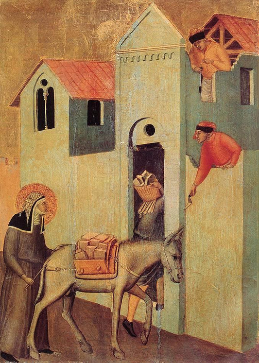Beata Umiltà Altarpiece: Beata Umiltà Transports Bricks to the Monastery, vintage artwork by Pietro Lorenzetti, 12x8" (A4) Poster