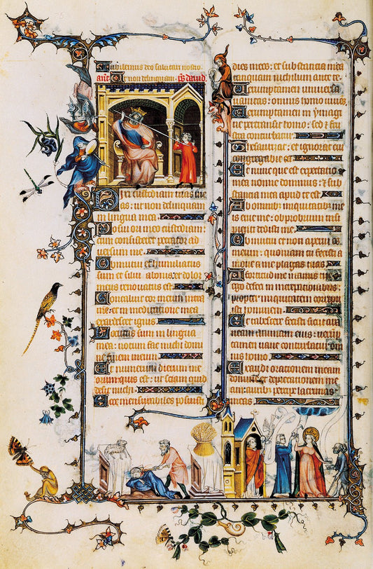 Belleville Breviary: David before Saul & Abel Murdered by  Cain, vintage artwork by Jean Pucelle, 12x8" (A4) Poster
