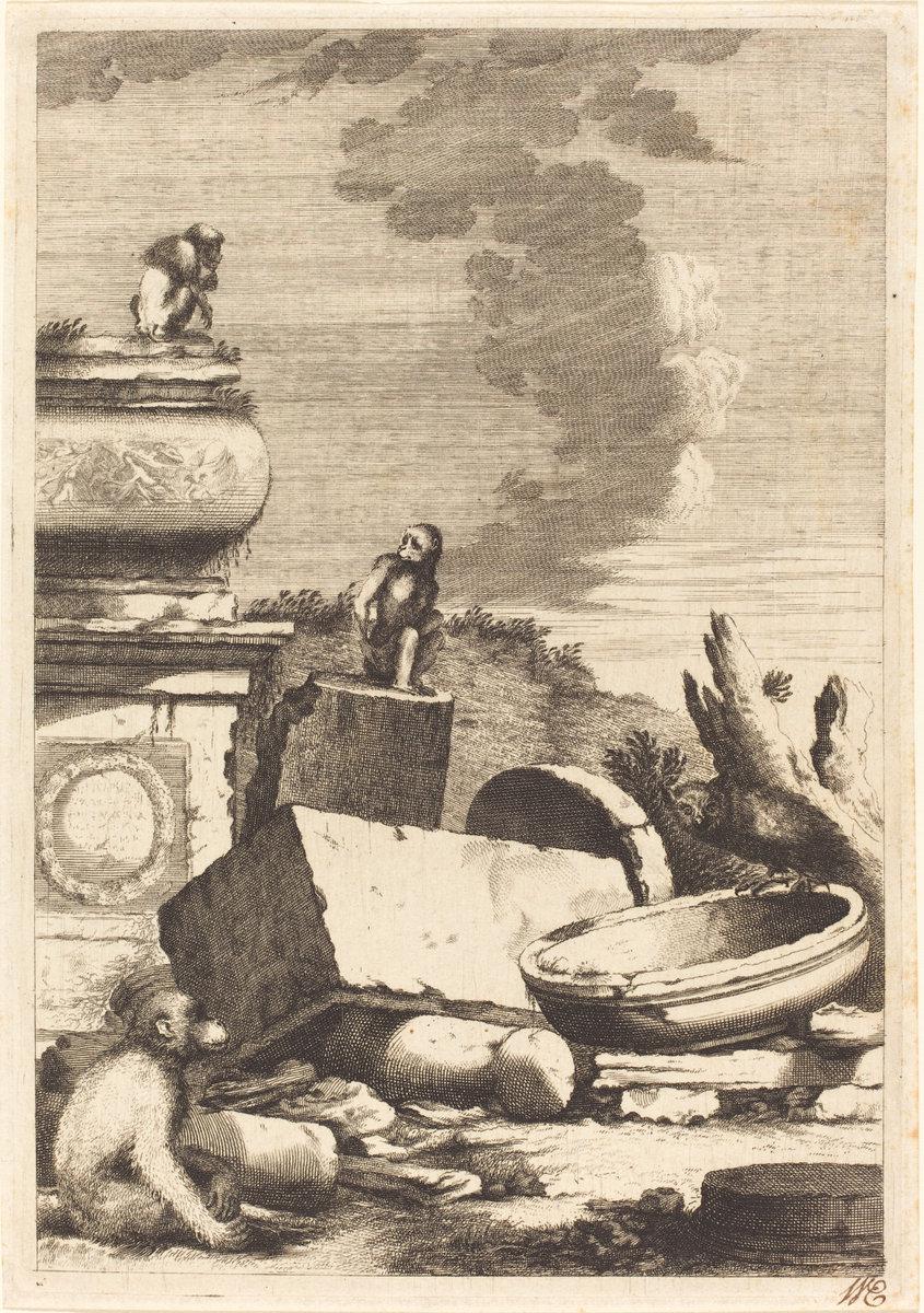 Bernhard Zaech after Jonas Umbach:Ruins with Monkeys and an ,16x12"(A3) Poster