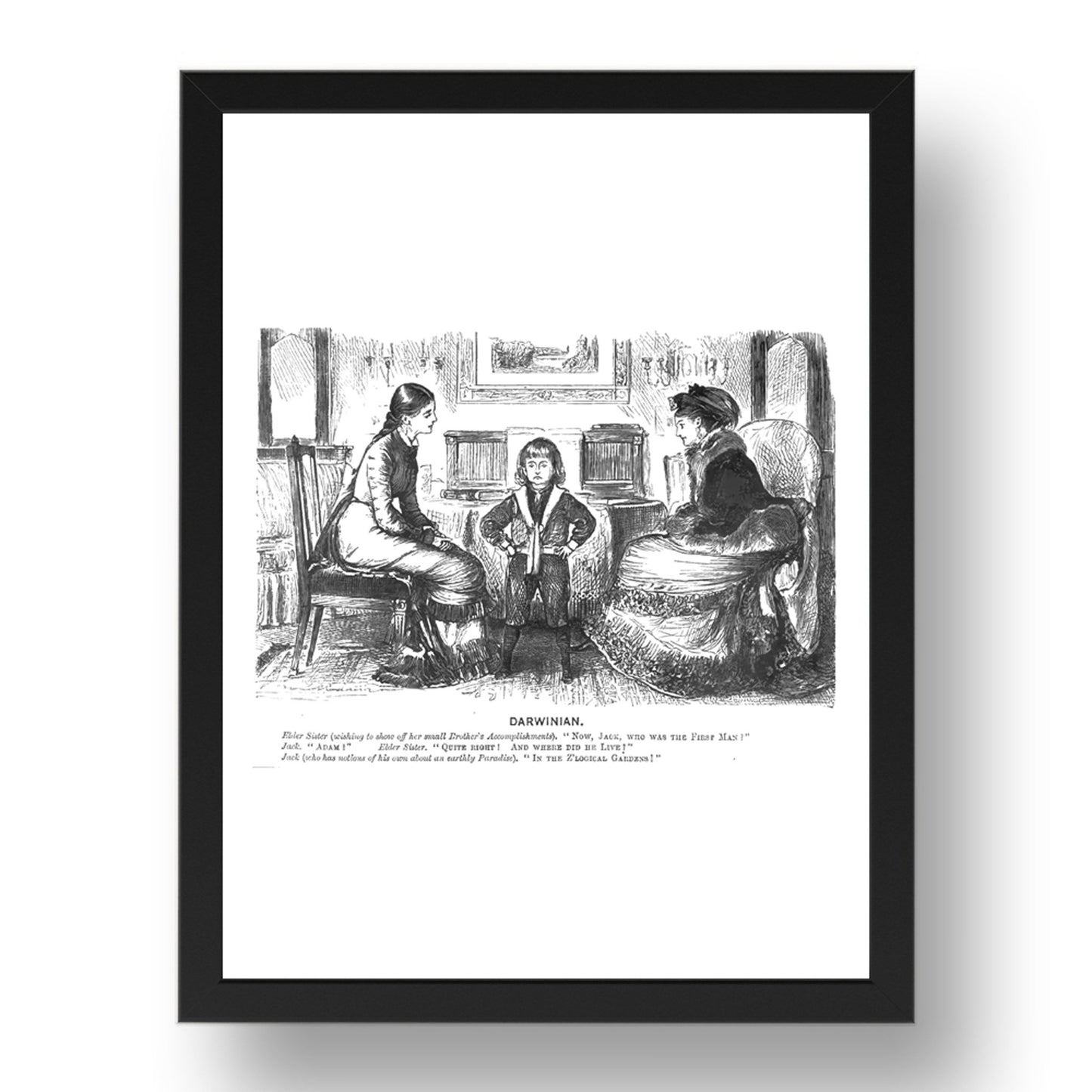 Boy Questioned about Adam and Eve Charles Darwin Evolution Satire 1876 Cartoon, vintage historic poster in 17x13"(A3) Frame