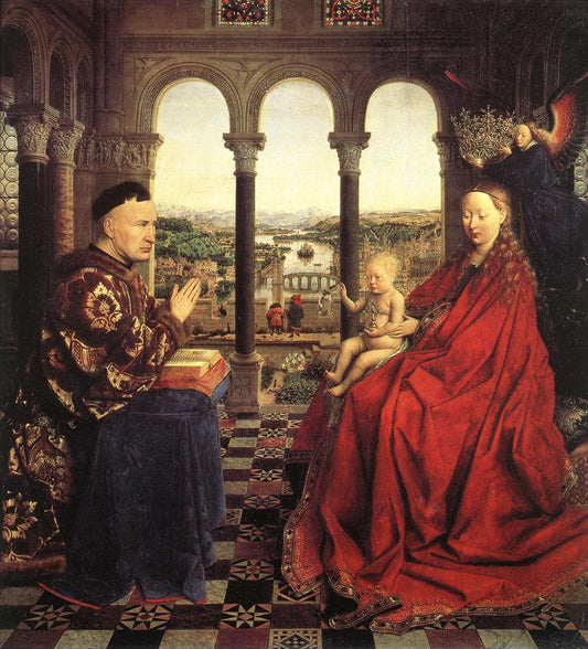 Chancellor Rolin Praying before the Virgin, vintage artwork by Jan van Eyck, A3 (16x12") Poster Print