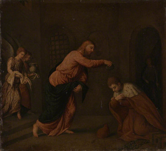 Christ Baptising Saint John Martyr, vintage artwork by Paris Bordone, A3 (16x12") Poster Print