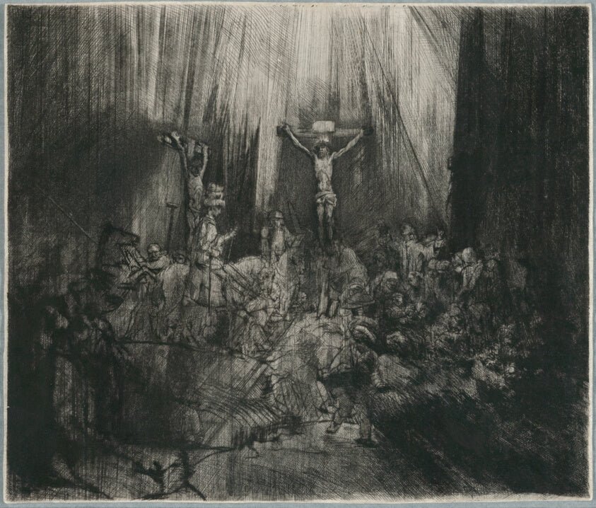 Christ Crucified between the Two Thieves by "The Three Crosses" by Rembrandt van Rijn, 23x16"( A2 size) Poster Print