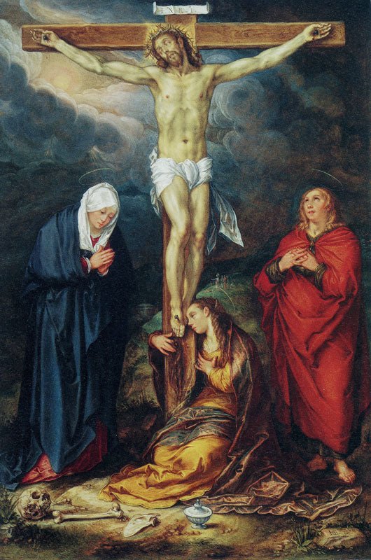 Christ on the Cross with Mary, Saint John and the Magdalen, vintage artwork by Hendrick Goltzius, 12x8" (A4) Poster