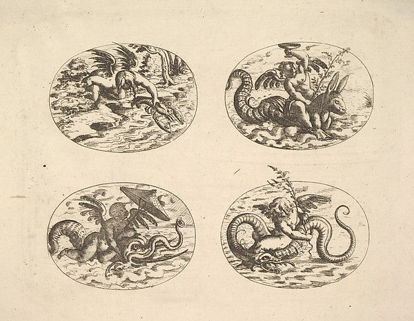 Christoph Jamnitzer:Putti with Sea Monsters plates from the Neue Grotessken Buch 1610, vintage artwork, 16x12"(A3) Poster Print