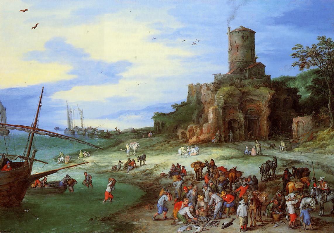 Coastal Landscape with the Tomb of Scipion, vintage artwork by Jan Brueghel the Elder, 12x8" (A4) Poster