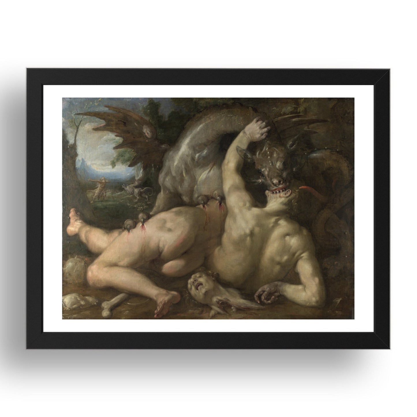 Cornelis van Haarlem: Two Followers of Cadmus devoured by a Dragon, Poster in 17x13"(A3) Frame