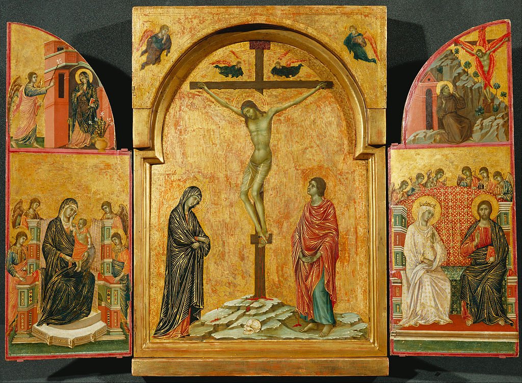 Crucifixion and Other Scenes (Triptych), vintage artwork by Duccio di Buoninsegna, 12x8" (A4) Poster