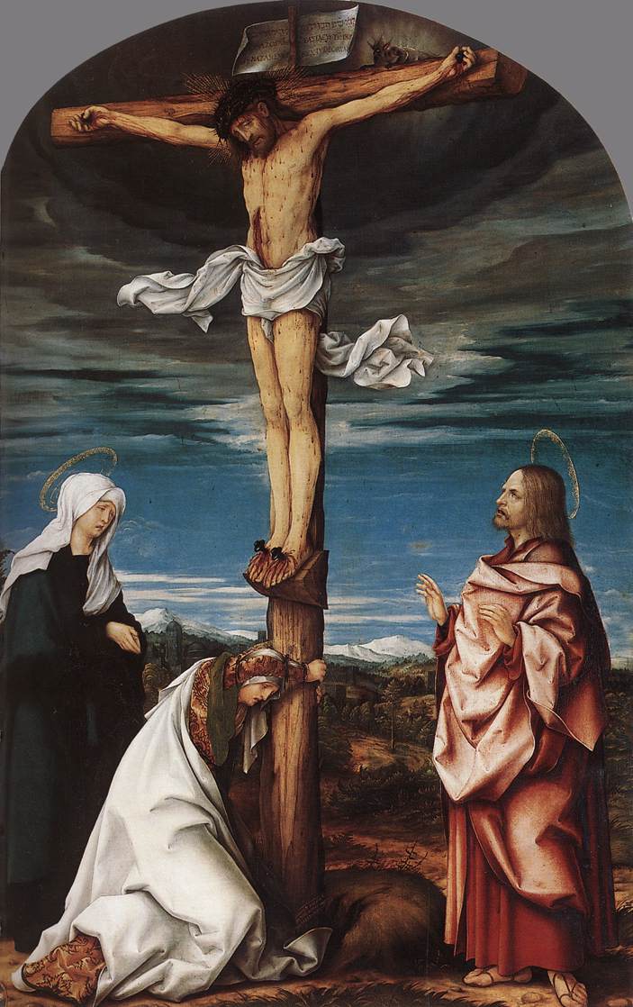 Crucifixion with Mary, Mary Magdalen and Saint John the Baptist, vintage artwork by Hans Burgkmair, A3 (16x12") Poster Print