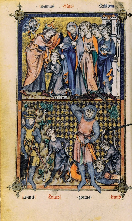 David anointed by  Samuel and battle of David and Goliath, vintage artwork by Master Honore, 12x8" (A4) Poster