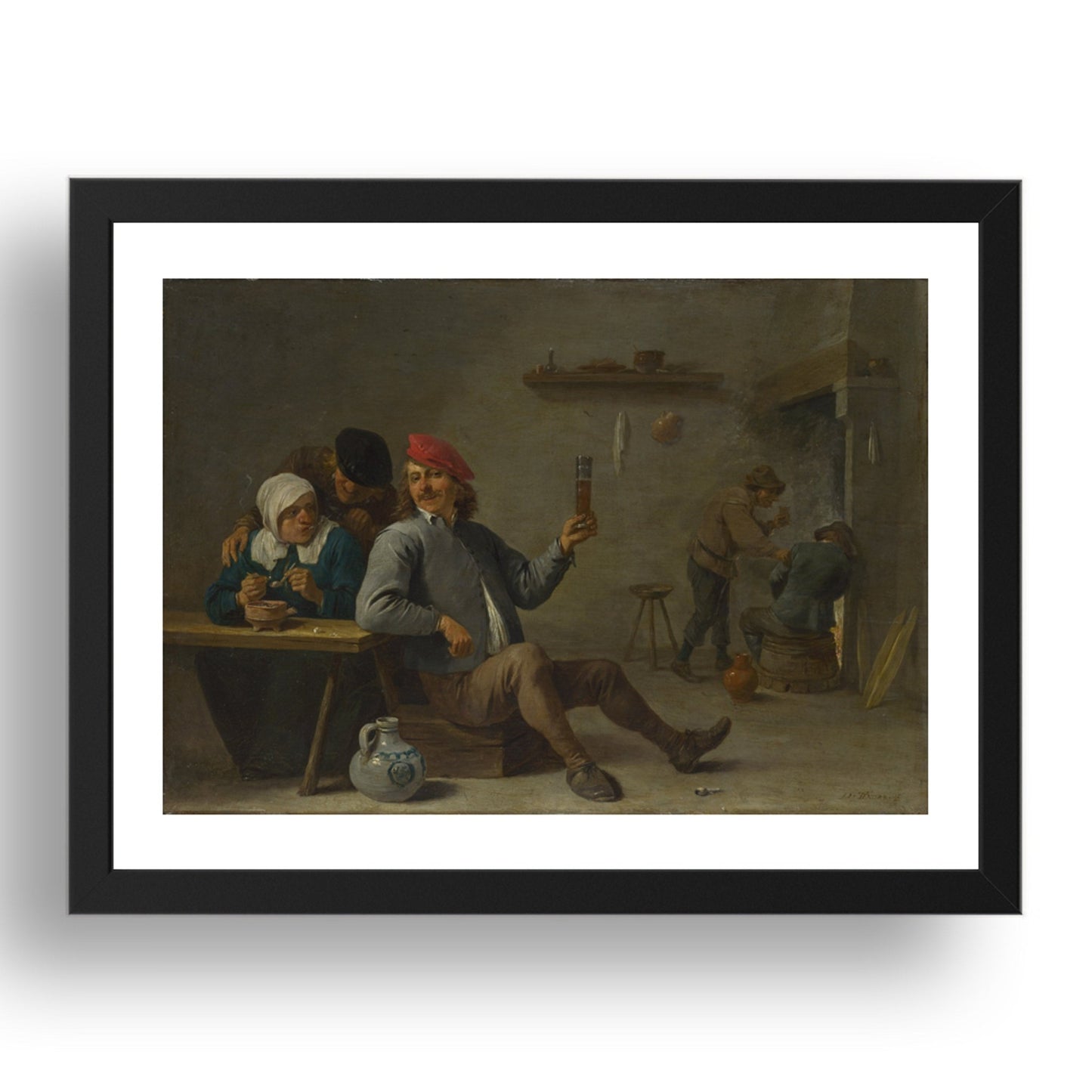 David Teniers the Younger: A Man holding a Glass and an Old Woman lighting a Pipe, Poster in 17x13"(A3) Frame